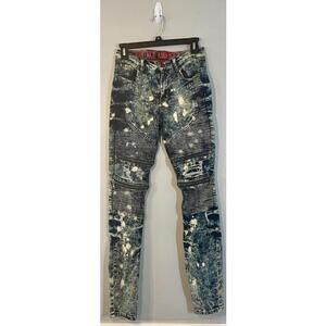 Vintage Americana Jeans Unisex 3/4 Capri Blue Hip Hop Moto Distressed Zipper